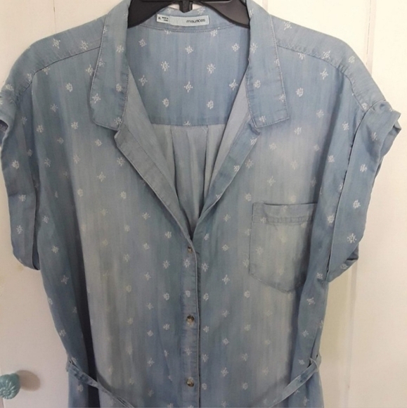 Maurices Printed Chambrey Denim Shirt Dress Button Down Short Sleeve Medium EUC - Picture 4 of 11